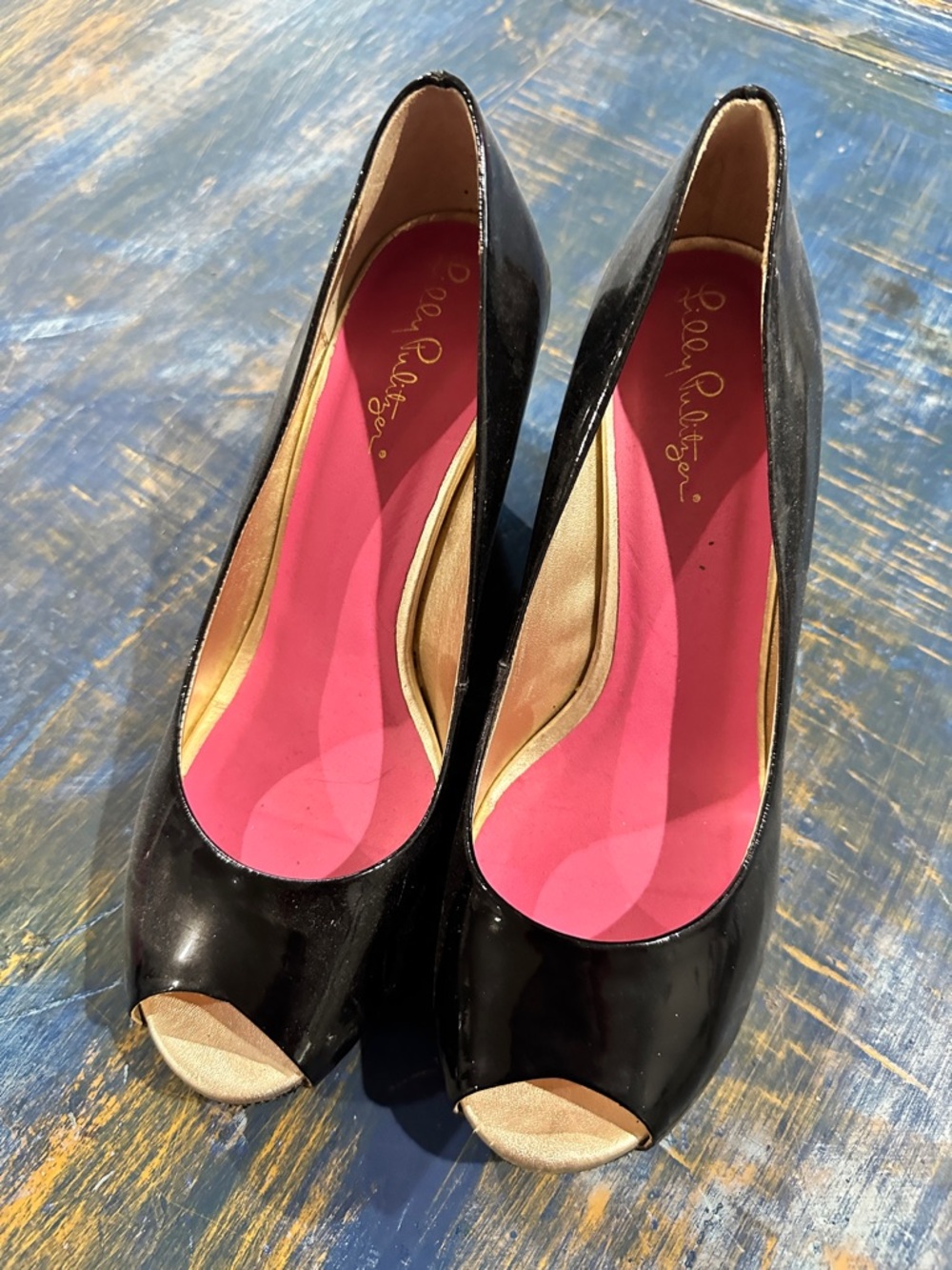 Lilly Pulitzer Black Patent Peep-Toe Wedges with Pink Insole